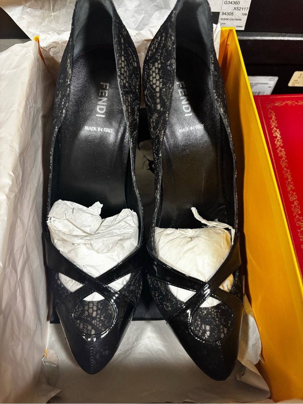 Fendi Black Lace-Overlay Pointed Toe Pumps with Patent Cross Straps